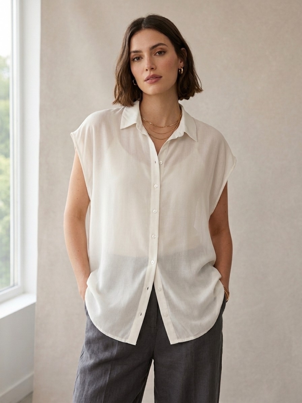 Lefties White Sleeveless Button Down Shirt XL Blouse Semi Sheer Casual Chic
